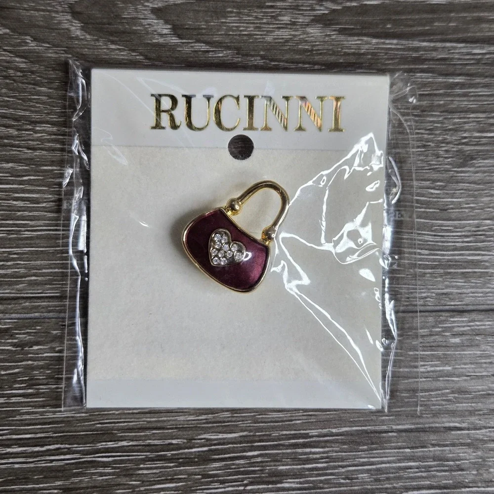 Rucinni Purple Enamel Heart Brooch Gold Tone Rhinestone Crystal Womens Pin New